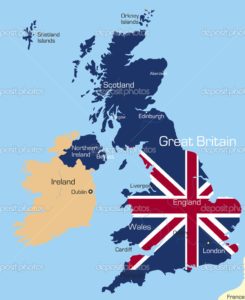 Abstract vector color map of Great Britain country coloured by national flag